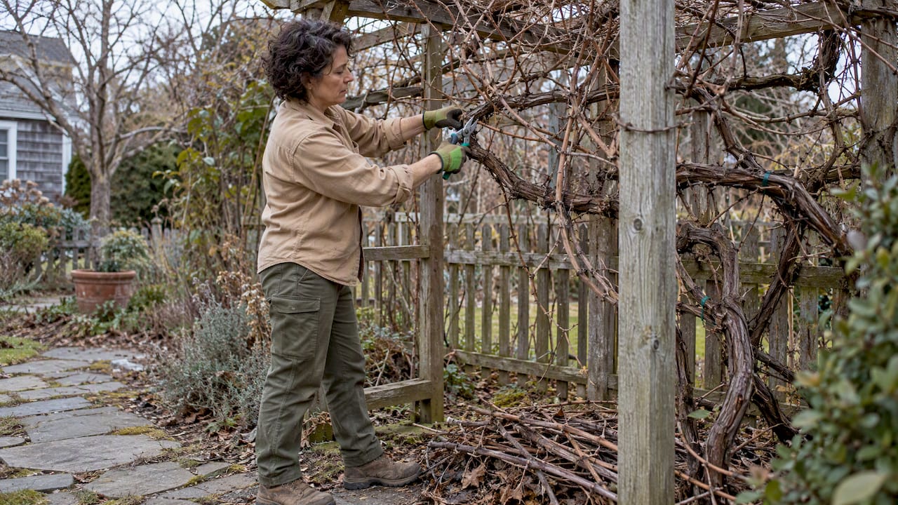 Gardener pruning an overgrown grapevine