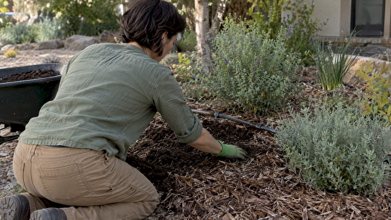 Gardener layering compost beneath mulch