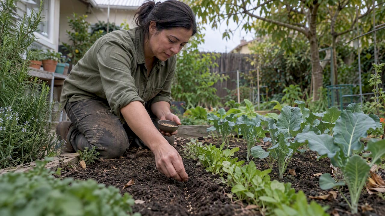 Gardener sowing greens beside young broccoli