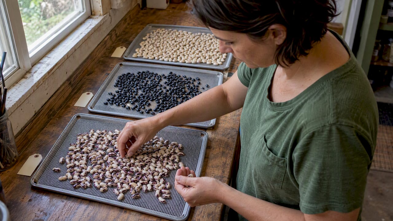 Bean seeds drying on separate mesh screens