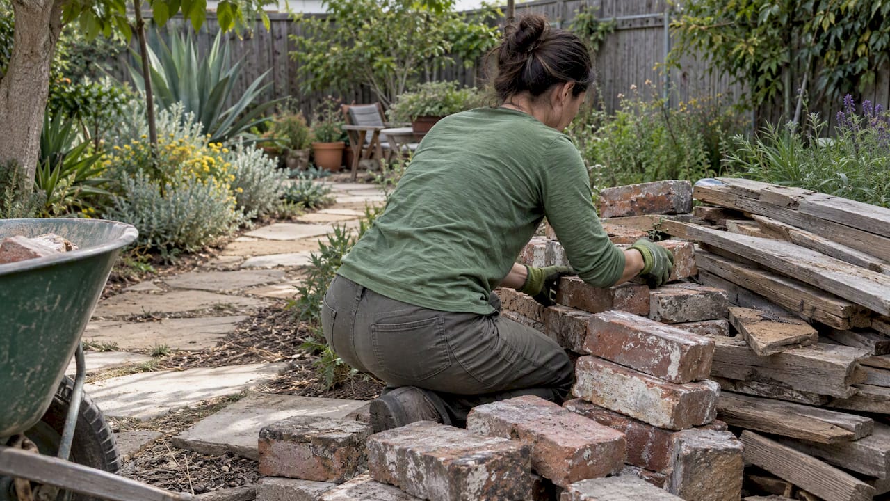 Homeowner sorting reclaimed bricks and boards