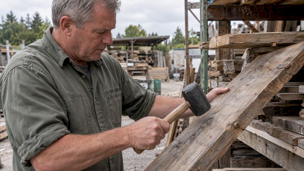 Buyer testing a reclaimed board with mallet