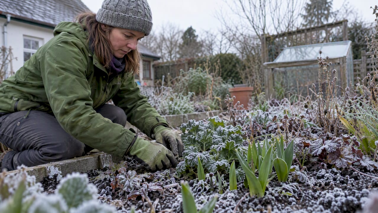 Light frost covering an emerging garden bed