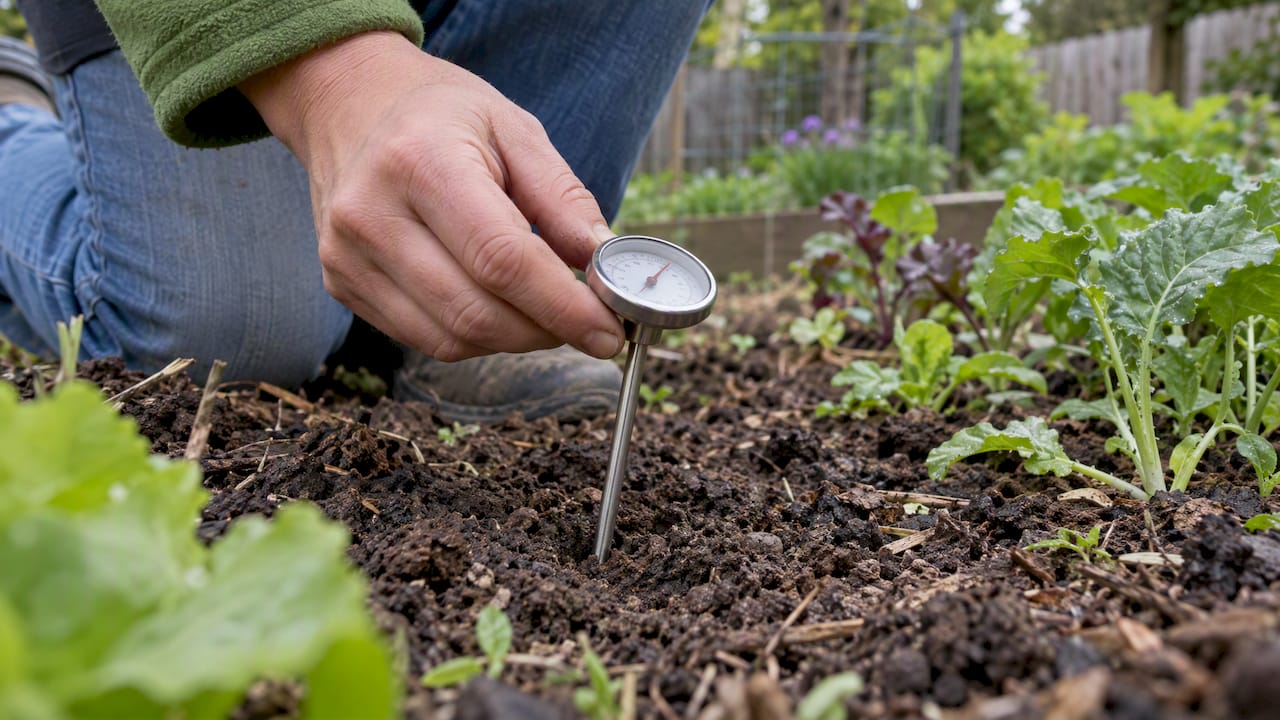 Meat thermometer checking garden soil temperature