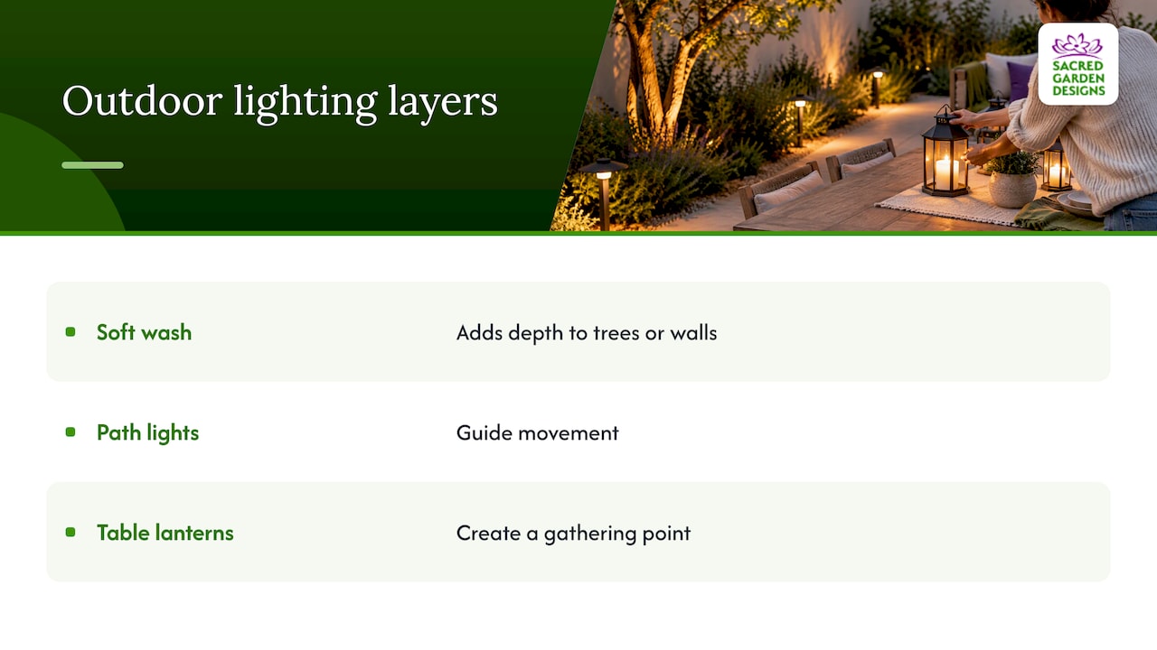 Three layers of warm outdoor garden lighting