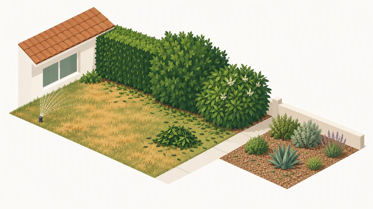 Contrasting high-maintenance and climate-suited garden areas