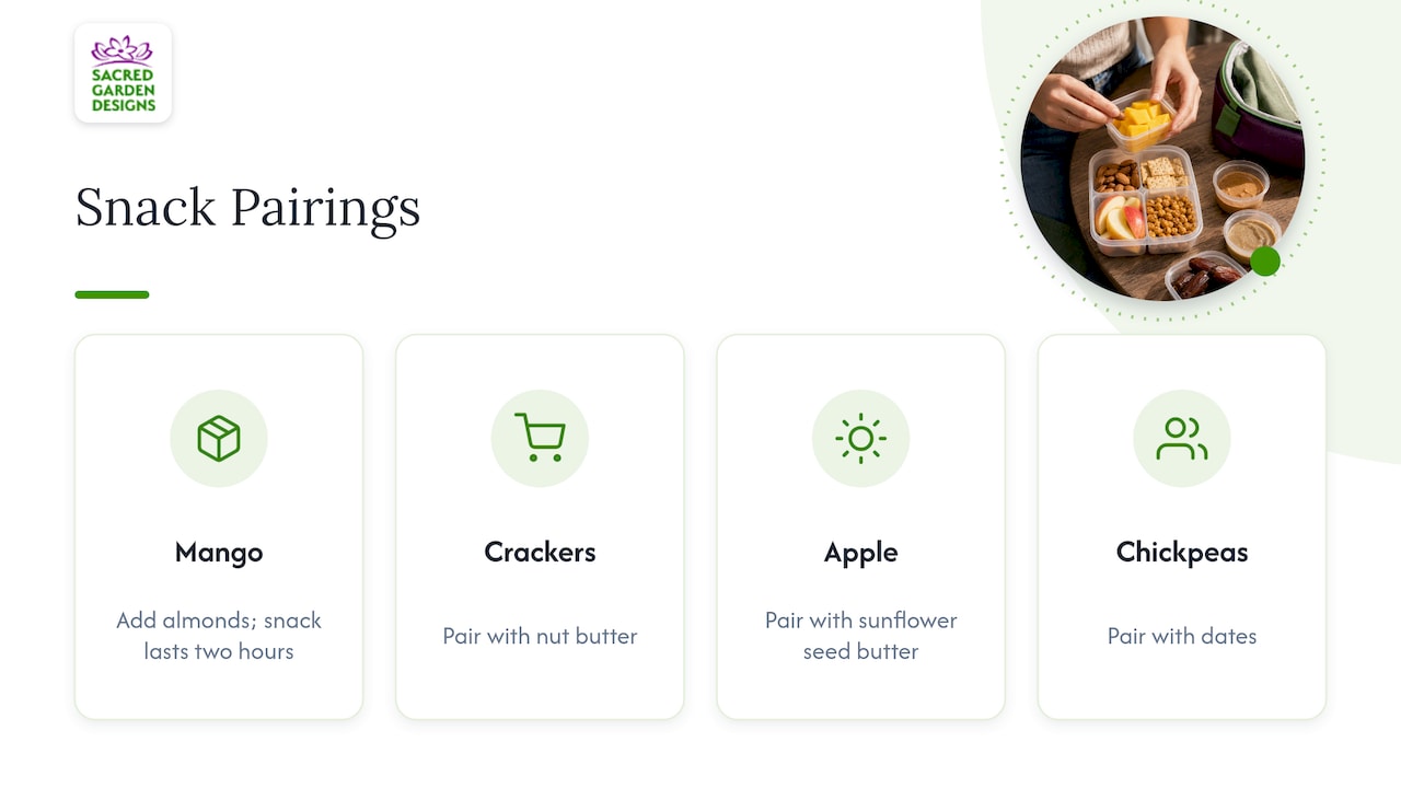 Four plant-based snack pairings balancing carbohydrates and protein or fat