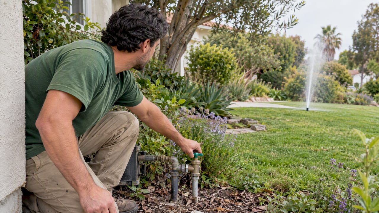 Homeowner shutting off a leaking sprinkler