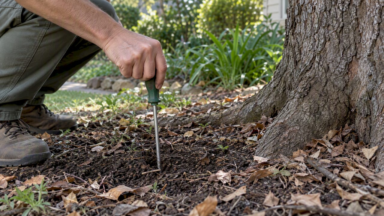 Long screwdriver inserted into soil beneath a tree
