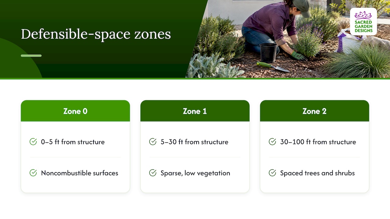 Three defensible-space zones around a home