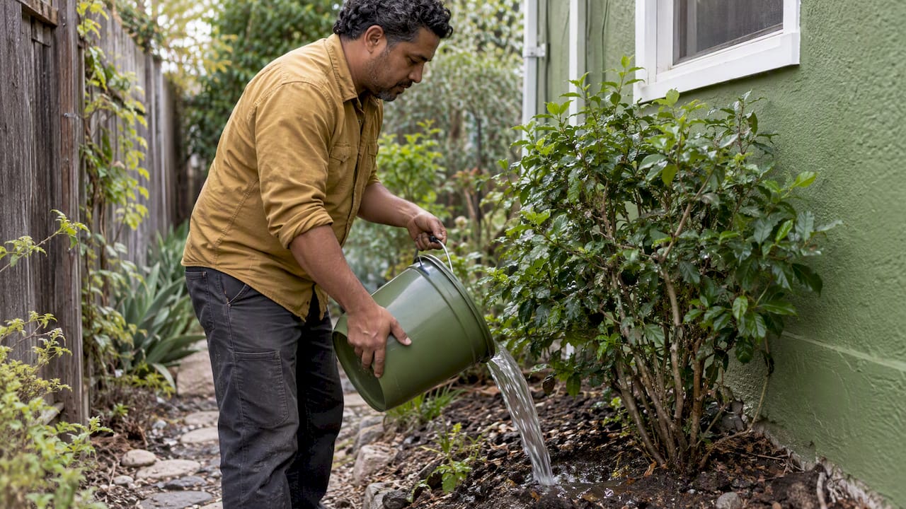 Homeowner pouring bucket water around a shrub