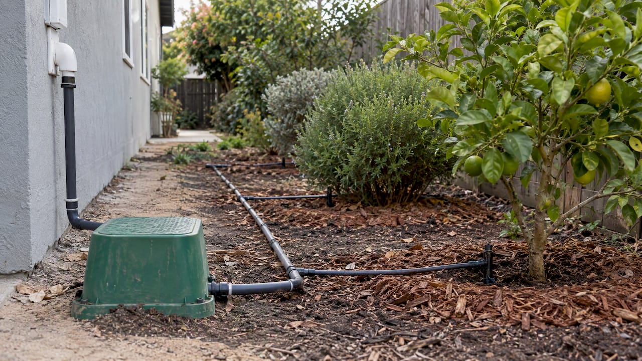 Greywater tubing watering plants in a California yard
