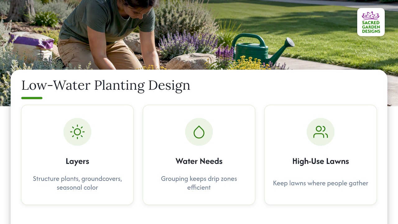 Low-water planting that still looks designed — overview diagram