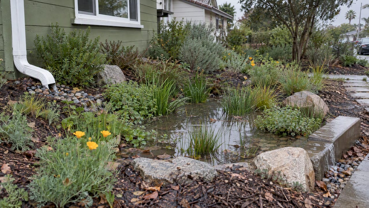 Planted rain garden holding roof runoff